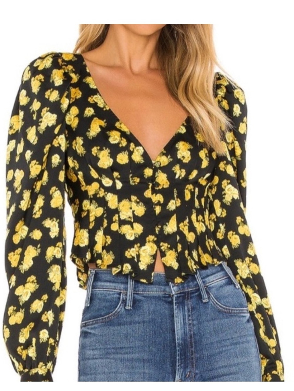 For Love & Lemons Black Blouse with Yellow Floral Print